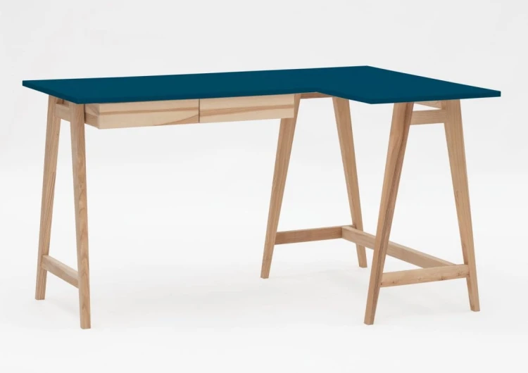 Biurko narożne LUKA jesion z szufladami 135 cm Petrol Blue PRAWE