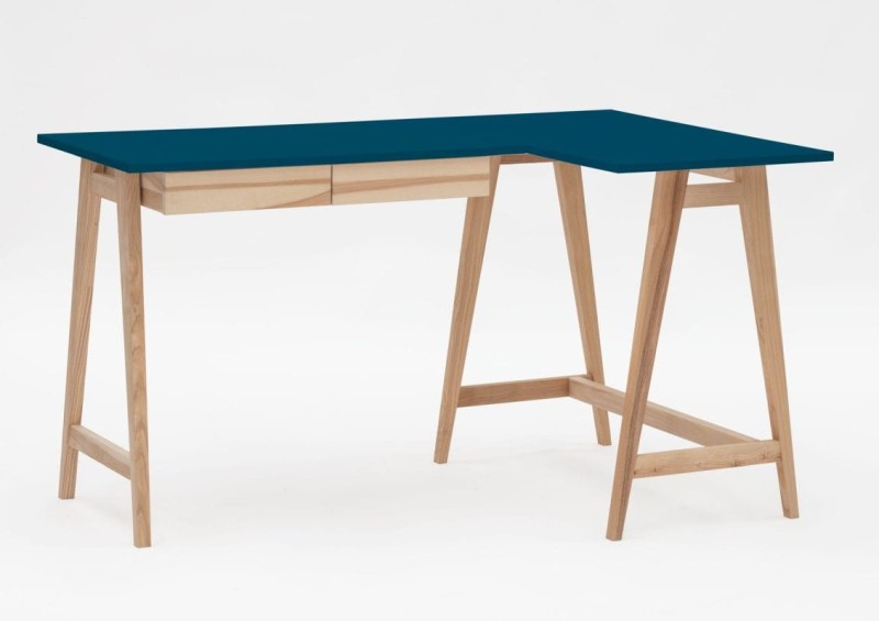 Biurko narożne LUKA jesion z szufladami 135 cm Petrol Blue PRAWE