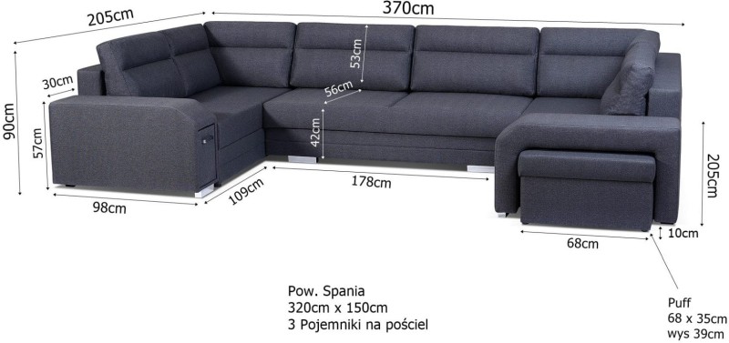 Narożnik tapicerowany rozkładany Alvares U wymiary