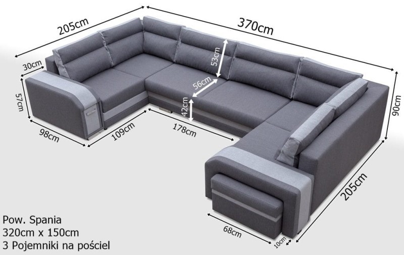 Narożnik tapicerowany rozkładany Assan U wymiary