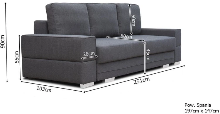 Sofa tapicerowana rozkładana Sofia wymiary
