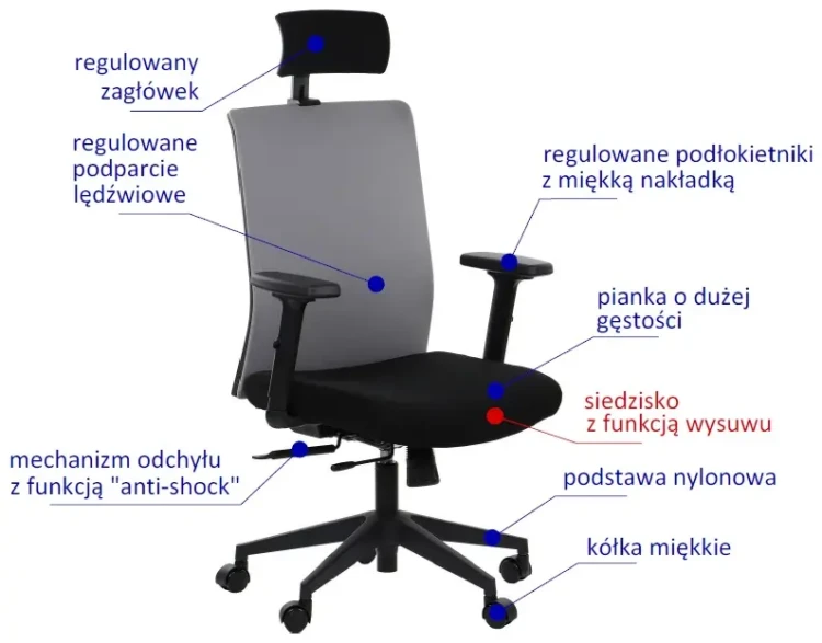 Fotel biurowy z wysuwem siedziska RIVERTON F/H Czarny-Szary