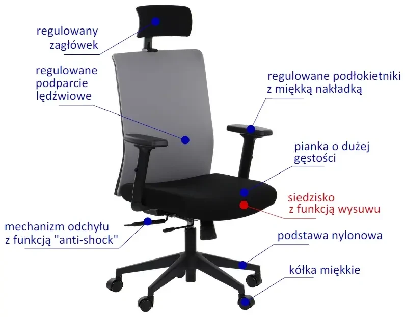 Fotel biurowy z wysuwem siedziska RIVERTON F/H Czarny