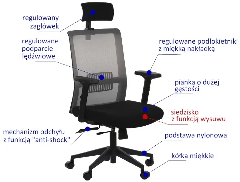 Fotel biurowy z wysuwem siedziska RIVERTON M/H Czarny