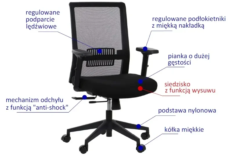 Fotel biurowy z wysuwem siedziska RIVERTON M/L Czarny