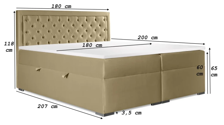 Łóżko kontynentalne Glamour z pojemnikiem 180x200 dwuosobowe tapicerowane wymiary