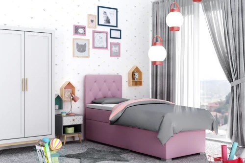 Łóżko kontynentalne do pokoju młodzieżowego Roma z pojemnikiem 90x200 jednoosobowe tapicerowane