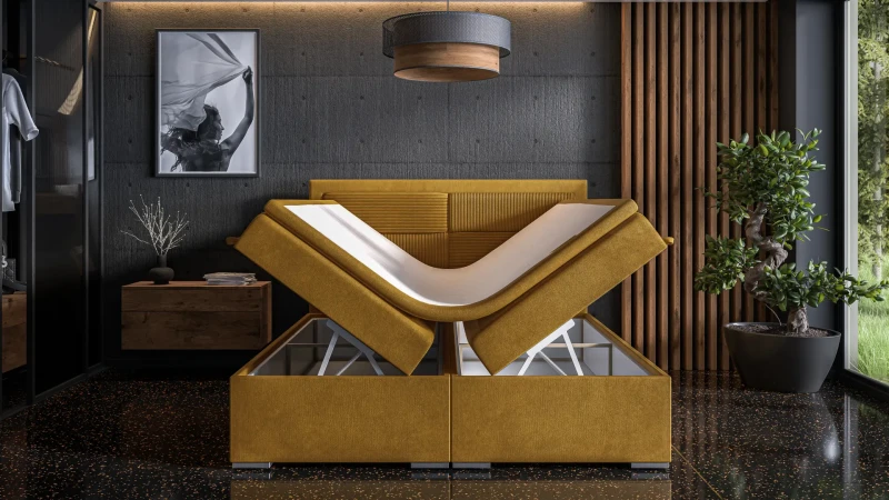 Łóżko kontynentalne Merida z pojemnikami dwuosobowe tapicerowane