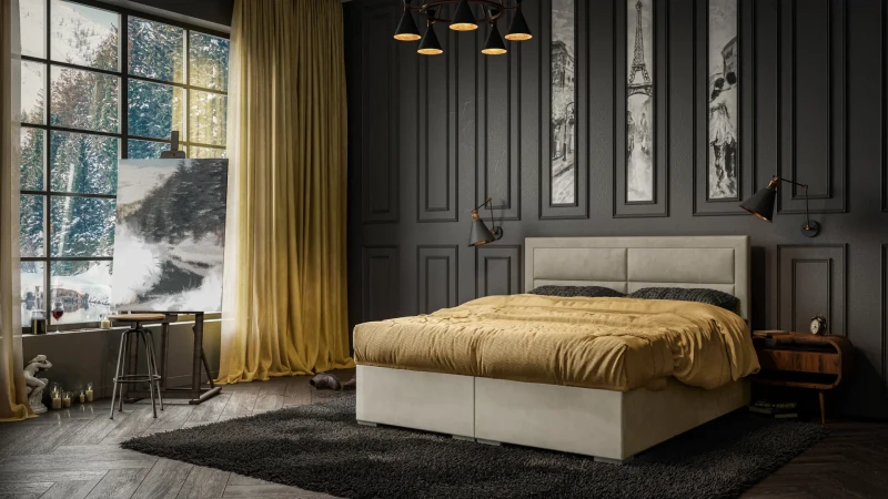 Łóżko kontynentalne Merida z pojemnikami dwuosobowe tapicerowane