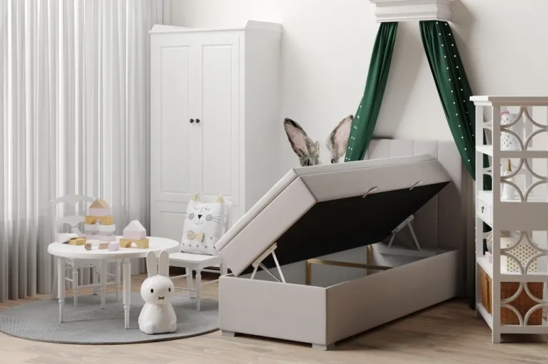 Łóżko kontynentalne do pokoju młodzieżowego Puro z pojemnikiem 90x200 jednoosobowe tapicerowane