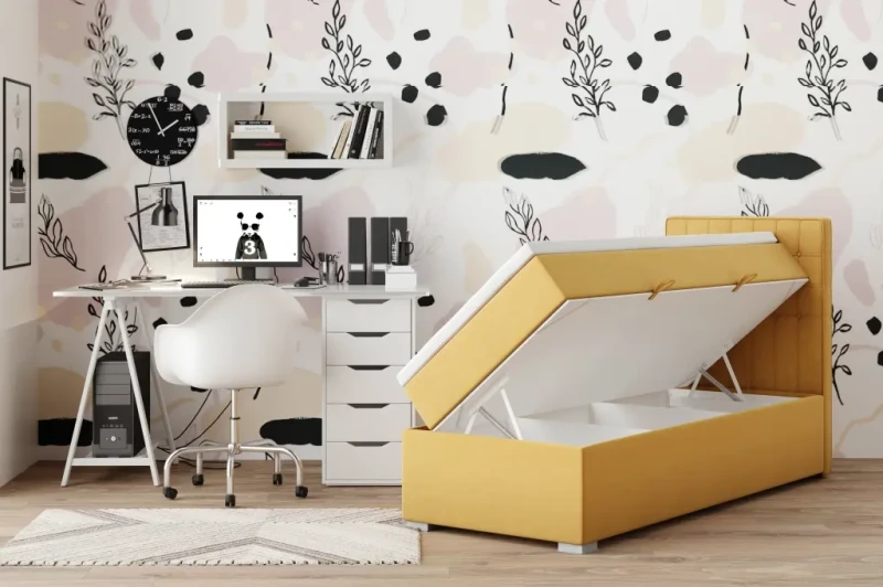 Łóżko kontynentalne do pokoju młodzieżowego Carlo z pojemnikiem 90x200 jednoosobowe tapicerowane