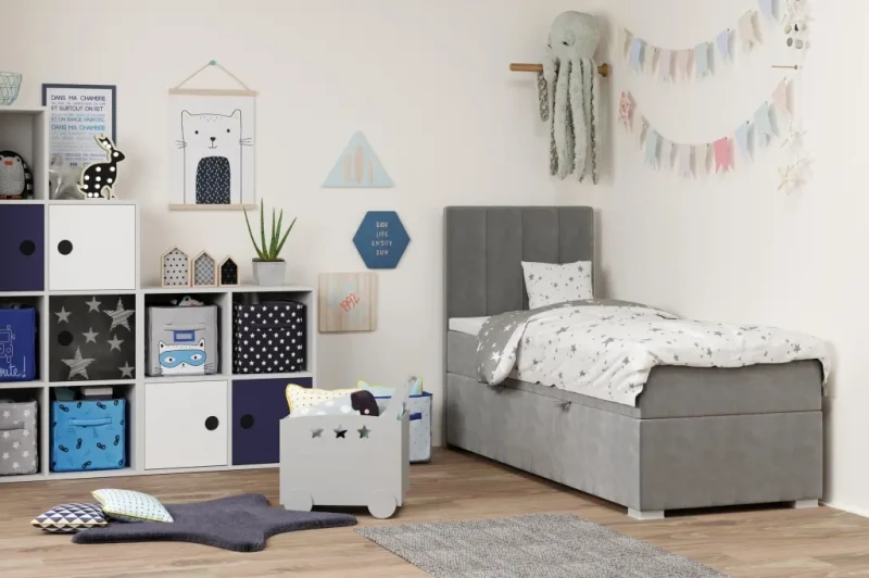 Łóżko kontynentalne do pokoju młodzieżowego Rally z pojemnikiem 90x200 jednoosobowe tapicerowane