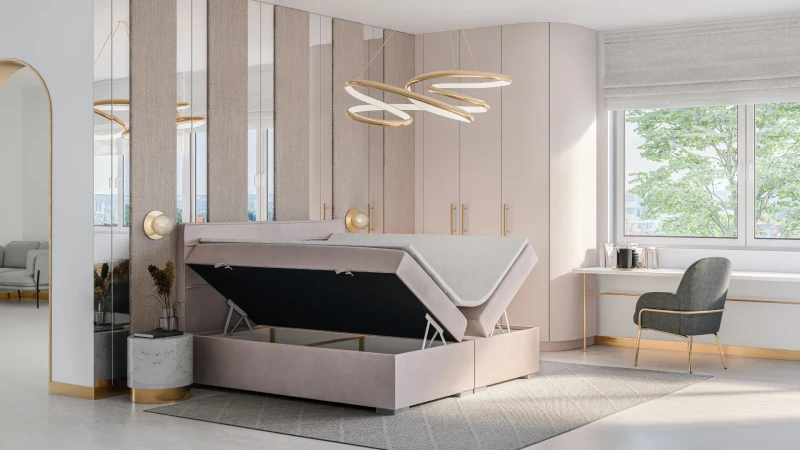 Łóżko kontynentalne Benetti z pojemnikami dwuosobowe tapicerowane