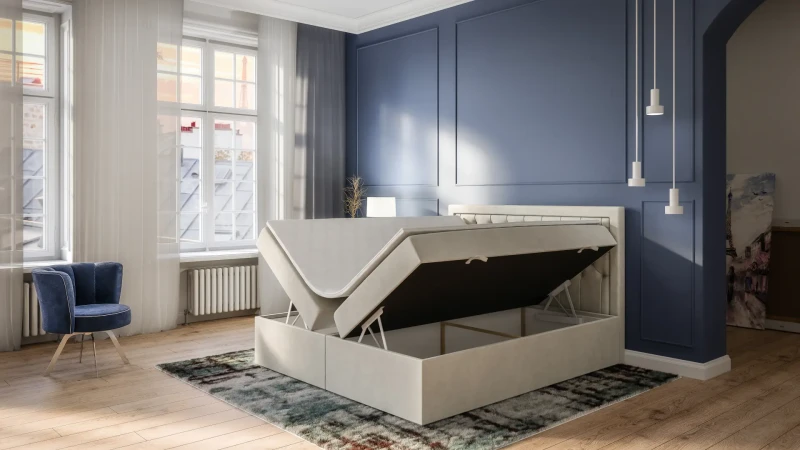 Łóżko kontynentalne Bloom z pojemnikami dwuosobowe tapicerowane