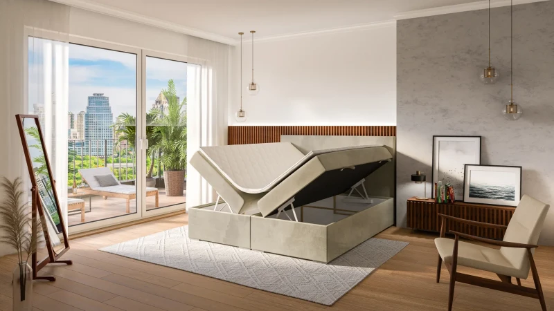 Łóżko kontynentalne Lemo z pojemnikami dwuosobowe tapicerowane