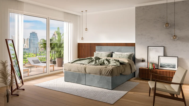 Łóżko kontynentalne Lemo z pojemnikami dwuosobowe tapicerowane