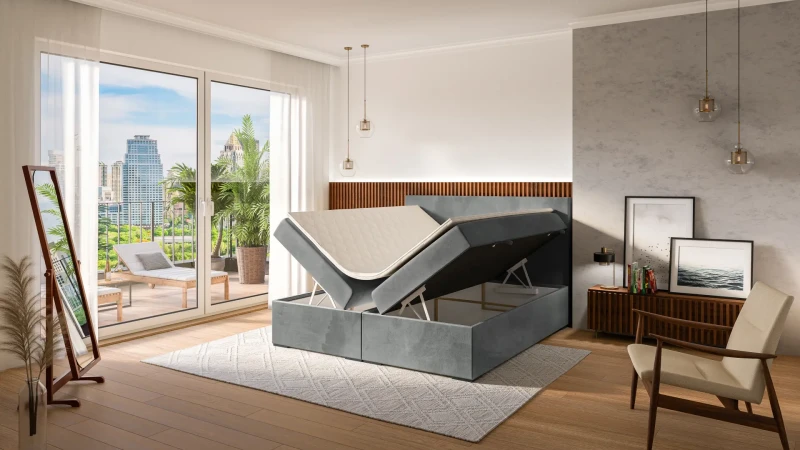 Łóżko kontynentalne Lemo z pojemnikami dwuosobowe tapicerowane