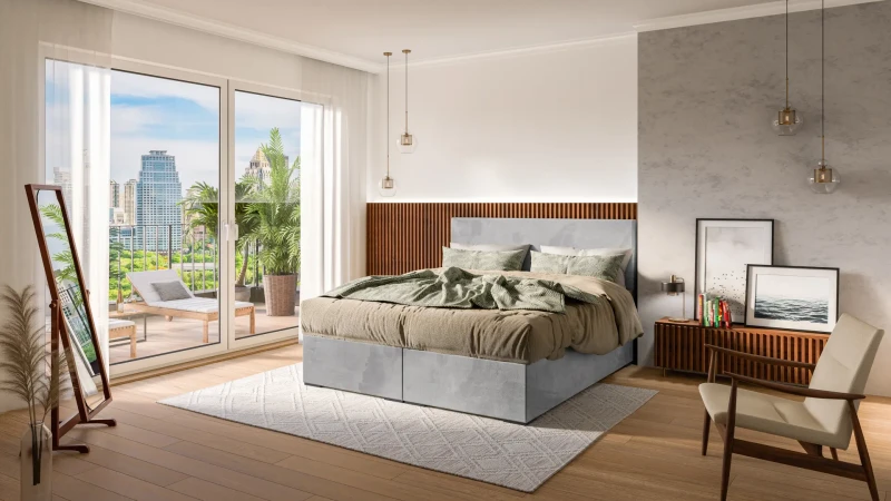 Łóżko kontynentalne Lemo z pojemnikami dwuosobowe tapicerowane