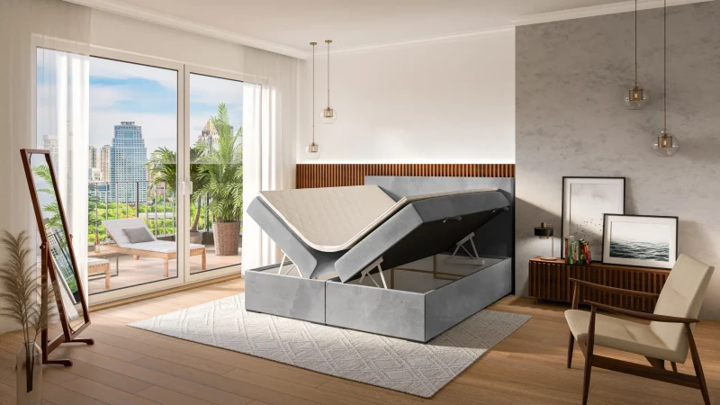 Łóżko kontynentalne Lemo z pojemnikami dwuosobowe tapicerowane