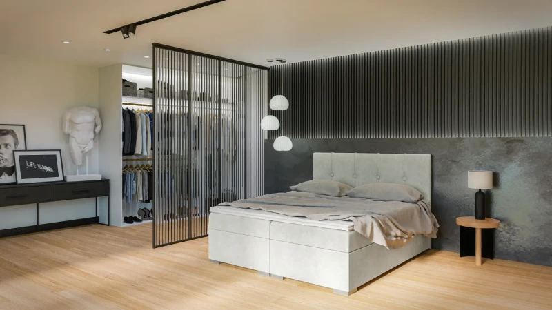 Łóżko kontynentalne Rule z pojemnikami dwuosobowe tapicerowane