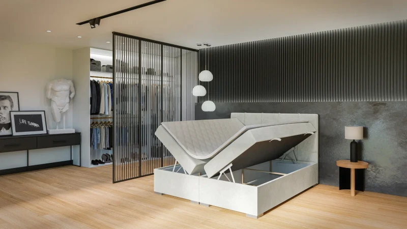 Łóżko kontynentalne Rule z pojemnikami dwuosobowe tapicerowane