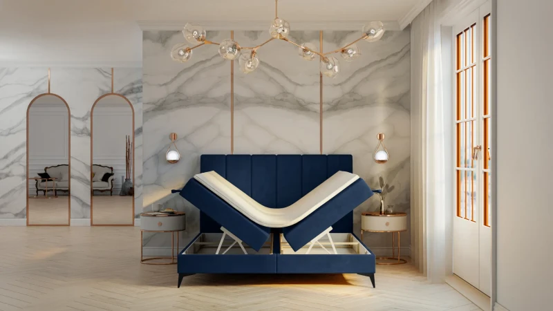 Łóżko kontynentalne Adert z pojemnikami dwuosobowe tapicerowane