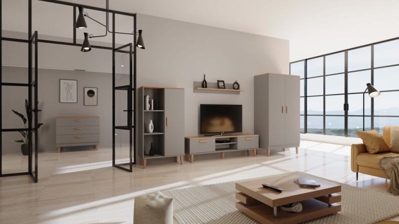 Szafka RTV Denver 160 cm | Szary chinchilla + hikora