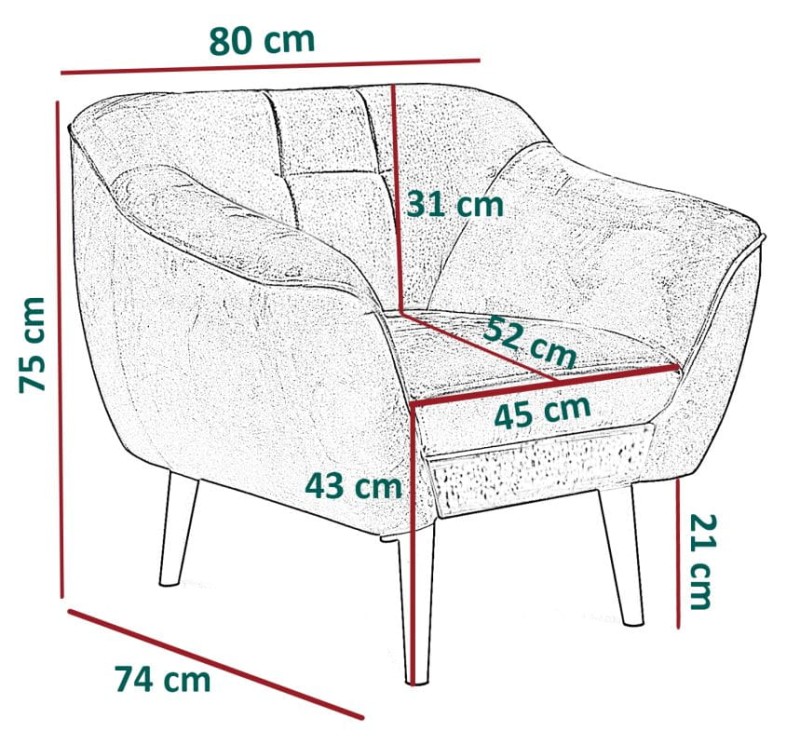 Fotel tapicerowany Cindy Piko w stylu skandynawskim - wymiary