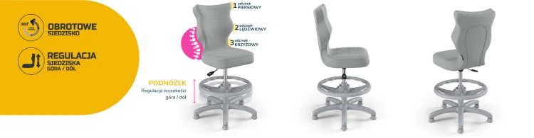 Krzesło dziecięce Petit z podnóżkiem wzrost 133-159 cm tkanina velvet podstawa szara
