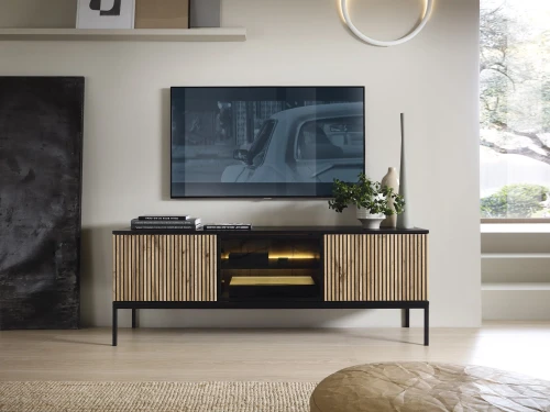Szafka RTV SENTO z LED 154x56x39 cm czarny/dąb wotan