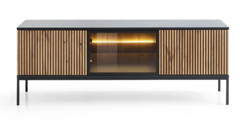 Szafka RTV SENTO z LED 154x56x39 cm czarny/dąb wotan