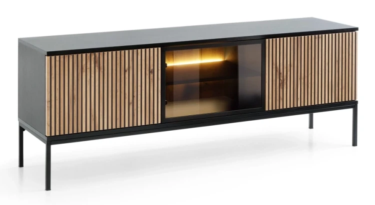 Szafka RTV SENTO z LED 154x56x39 cm czarny/dąb wotan