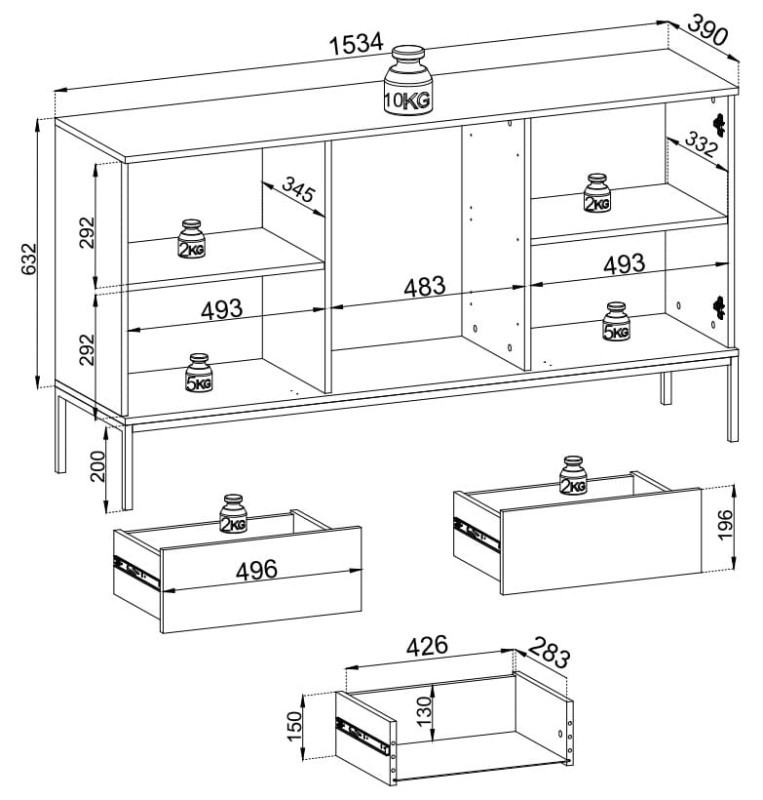 Komoda SENTO z LED 154x83x39 cm czarny/dąb wotan