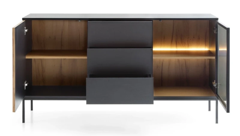 Komoda SENTO z LED 154x83x39 cm czarny/dąb wotan