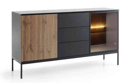Komoda SENTO z LED szuflady 154x83x39 cm czarny/dąb wotan