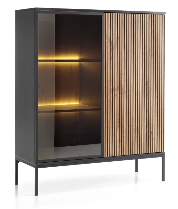 Witryna regał SENTO z LED 104x126x39 cm czarny/dąb wotan