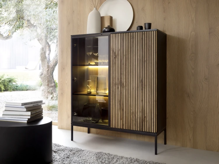 Witryna regał SENTO z LED 104x126x39 cm czarny/dąb wotan