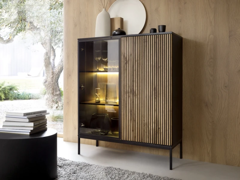 Witryna regał SENTO z LED 104x126x39 cm czarny/dąb wotan