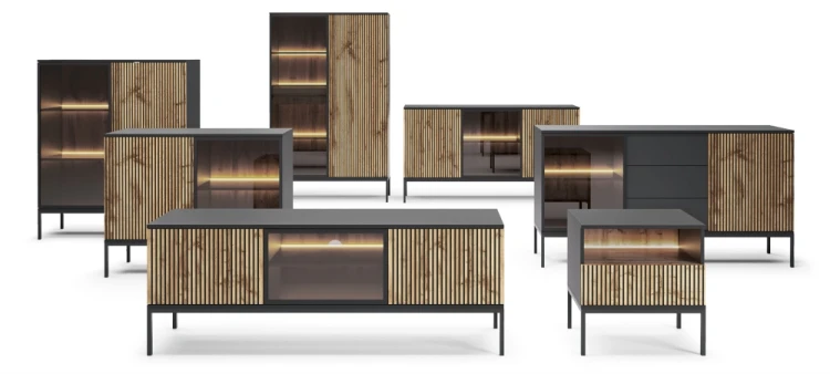 Witryna regał SENTO z LED 104x126x39 cm czarny/dąb wotan