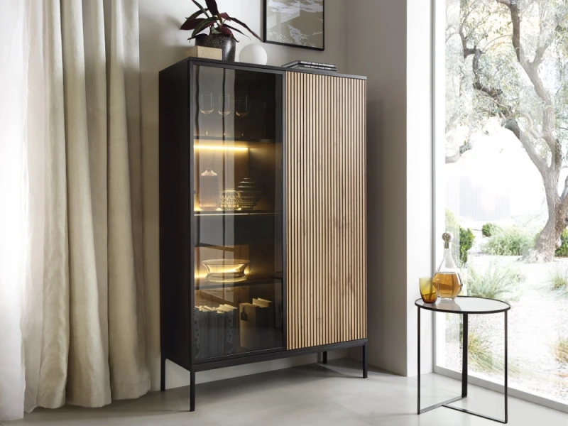 Witryna regał SENTO z LED 104x166x39 cm czarny/dąb wotan