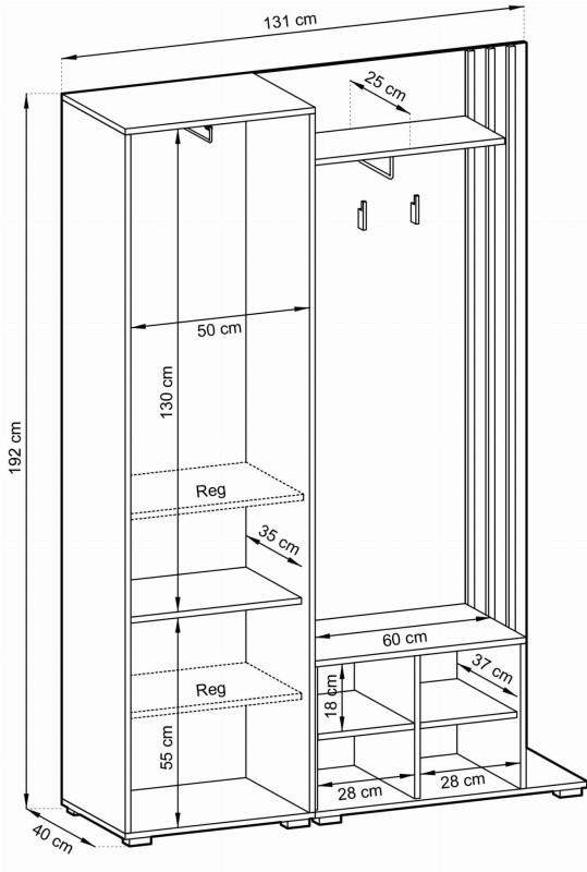 Garderoba Nelly z lustrem 131x192x40 cm biała lamela dąb artisan  wymiary