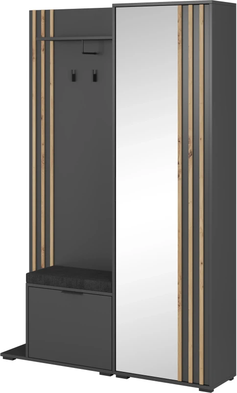 Garderoba Nelly z lustrem 131x192x40 cm grafitowa lamela dąb artisan z poduszką