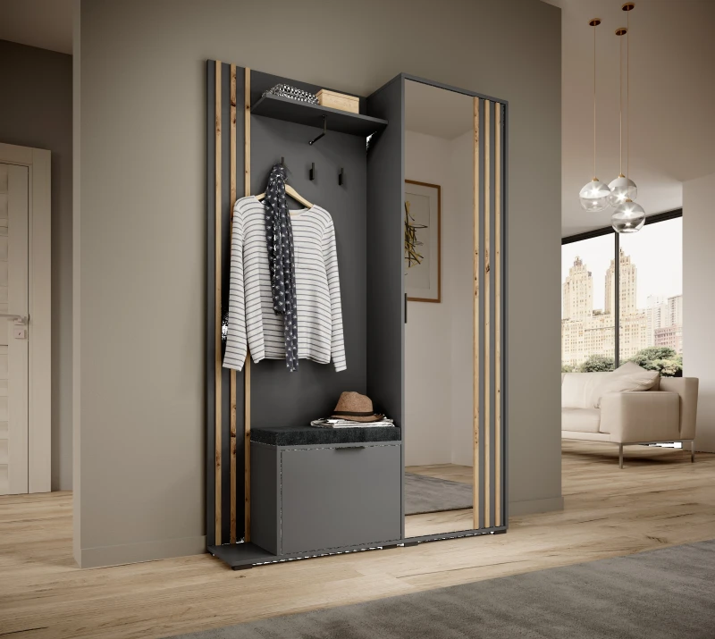 Garderoba Nelly z lustrem 131x192x40 cm grafitowa lamela dąb artisan