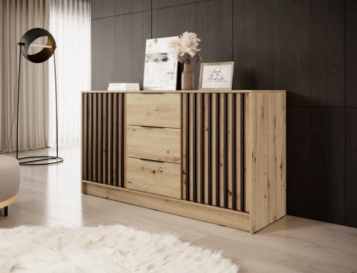 Komoda Nelly 3D 86x155x45 cm dąb artisan / lamela czarna