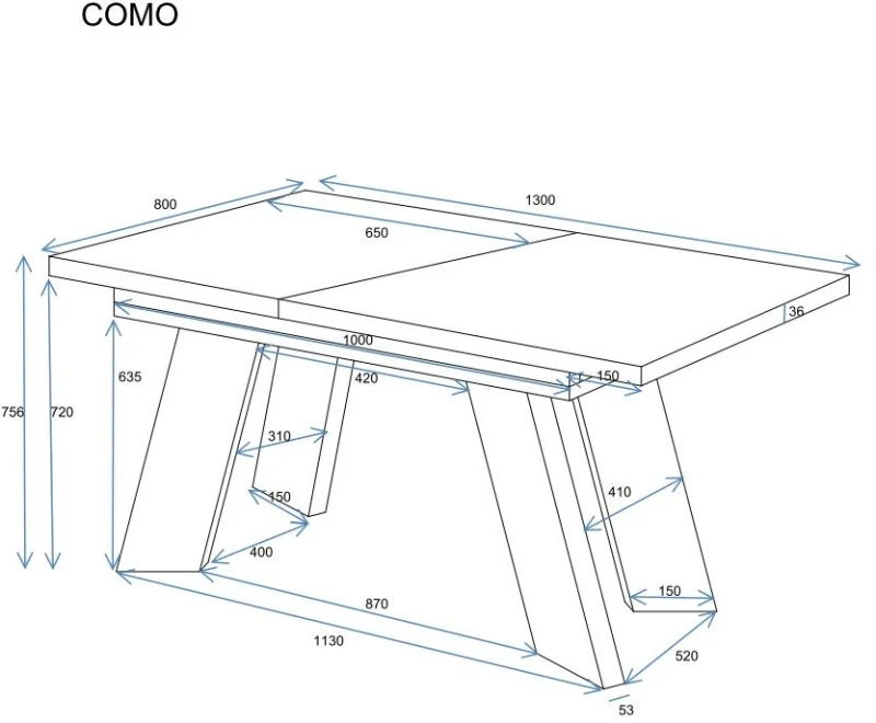 Stół Como rozkładany 130-210 biały połysk wymiary