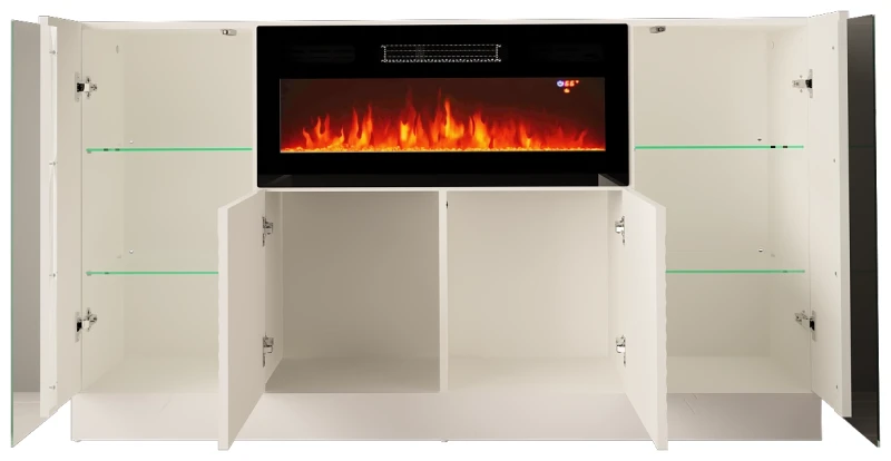 Komoda DIUNA 02 z kominkiem i LED 160 cm biały mat/połysk