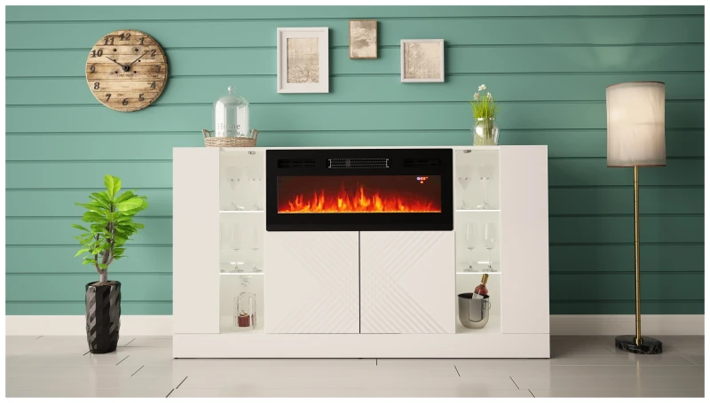 Komoda DIUNA 02 z kominkiem i LED 160 cm biały mat/połysk