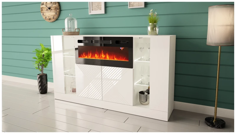 Komoda DIUNA 02 z kominkiem i LED 160 cm biały mat/połysk