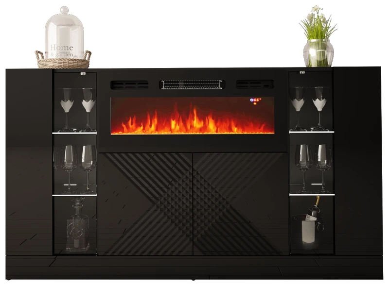 Komoda DIUNA 02 z kominkiem i LED 160 cm czarny mat/połysk