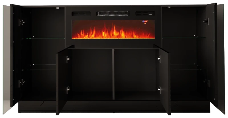 Komoda DIUNA 02 z kominkiem i LED 160 cm czarny mat/połysk